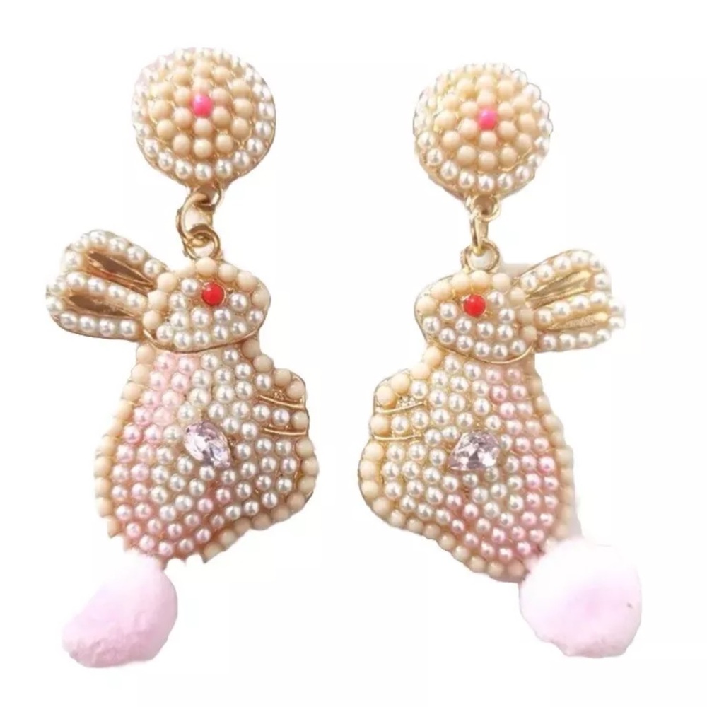 Easter Rabbit/Bunny Seed Bead Dangle Earrings With Rhinestone & Felt Tail- CUTE